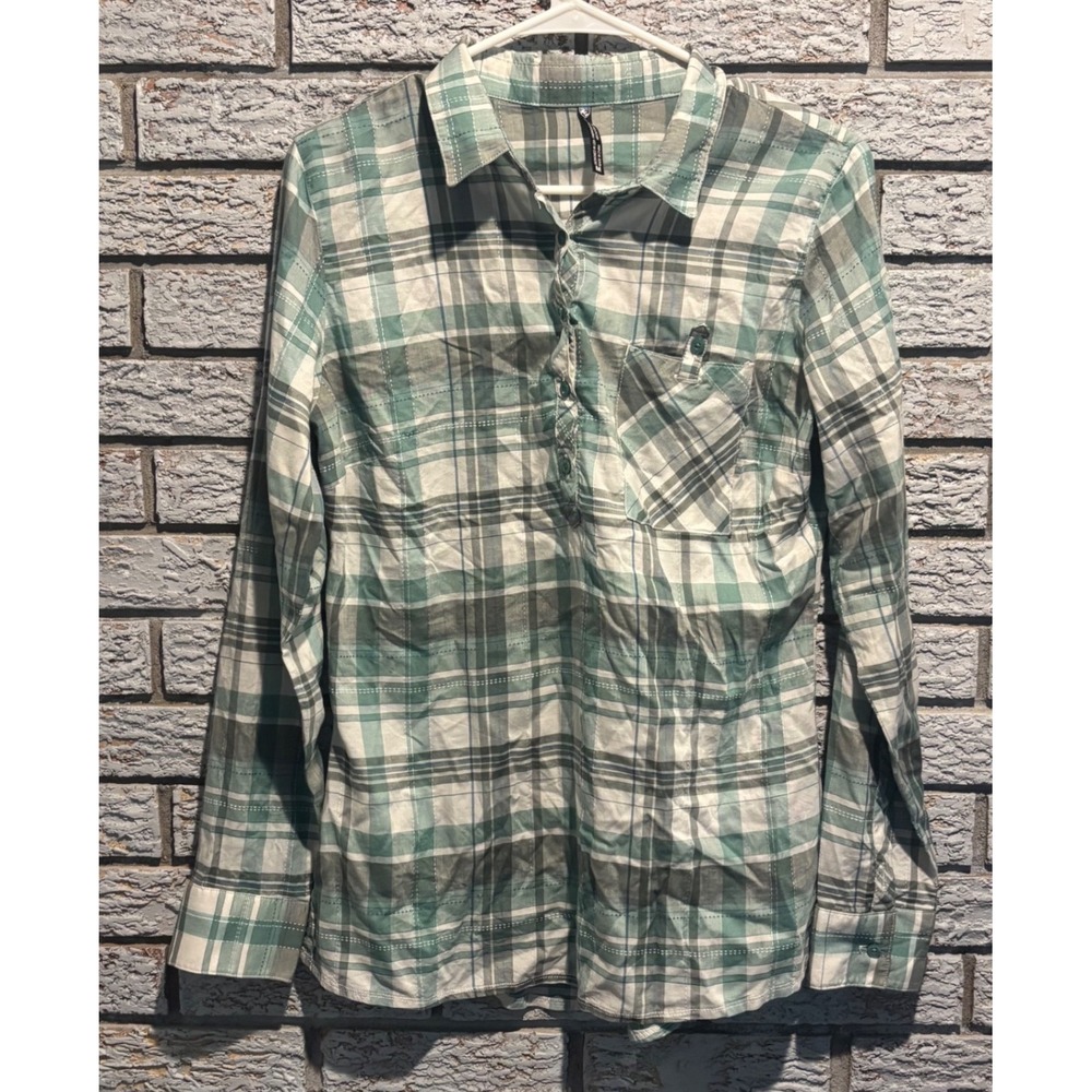 Kuhl Womens Green White Plaid Long Sleeve Henley Shirt Size M Pocket Hiking